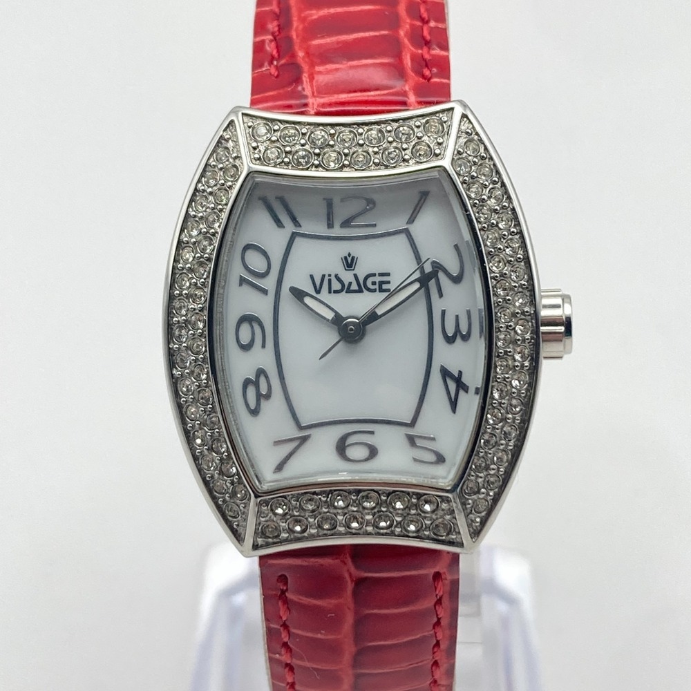 Visage Womens Watch 26mm Silver Tone Crystals Bling Red Band New Battery 7.5"
